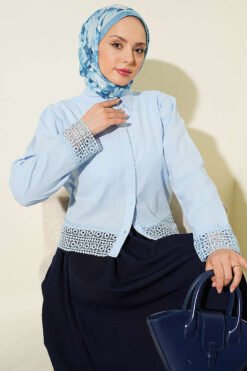 Lace Detailed Short Linen Shirt Blue