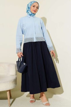 Vista alternativa di Lace Detailed Short Linen Shirt Blue