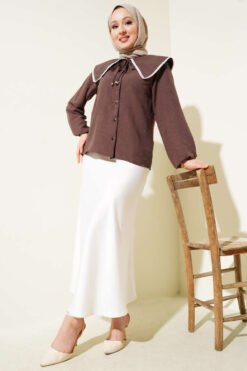 Alternative view of Lace Sailor Collar Short Shirt Brown