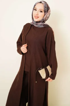 Alternative view of Cardigan Set with Side Slits Brown