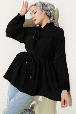 Mandarin Collar Waist Tie Tunic Black