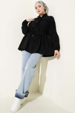 Vue alternative de Mandarin Collar Waist Tie Tunic Black
