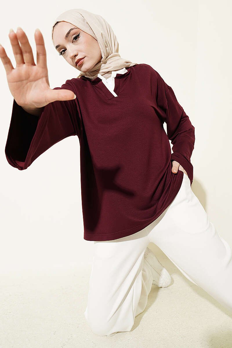 Mandarin Collar Loosely Fitted Tunic Plum