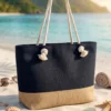 Woven Detail Patterned Beach Bag Black