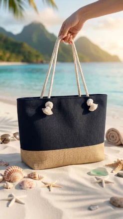 Woven Detail Patterned Beach Bag Black