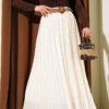 Woven Belted Pleated Tulle Skirt Ecru