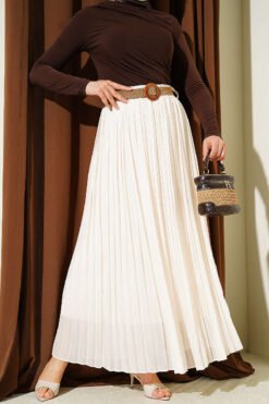 Woven Belted Pleated Tulle Skirt Ecru