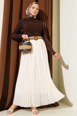 منظر بديل لـ Woven Belted Pleated Tulle Skirt Ecru