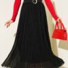 Woven Belted Pleated Tulle Skirt Black