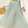 Woven Belted Pleated Tulle Skirt Green