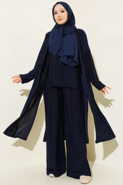 Cardigan Basic Sandy Three-Piece Set Navy Blue