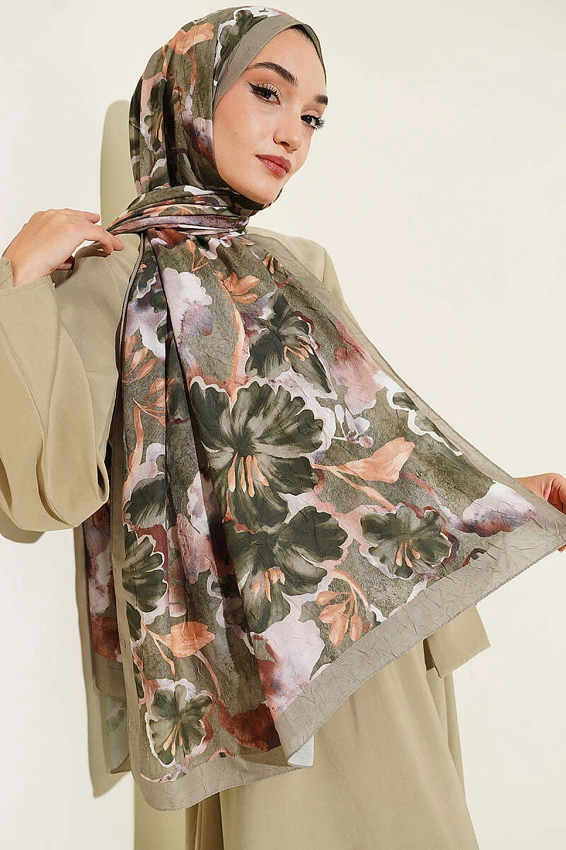 Floral Pattern Detailed Bamboo Crinkle Scarf Khaki - Afbeelding 2