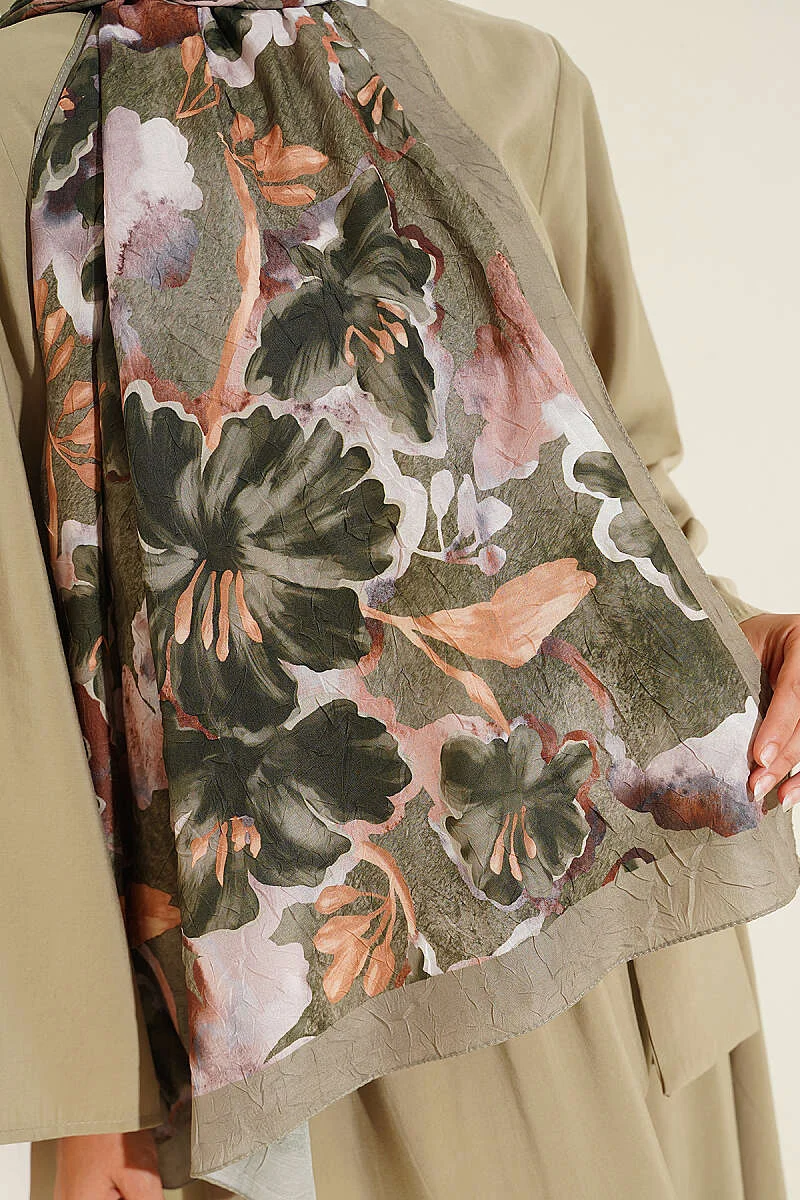Floral Pattern Detailed Bamboo Crinkle Scarf Khaki - Afbeelding 4