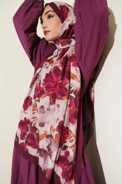 Alternative view of Floral Pattern Detailed Bamboo Crinkle Scarf Plum