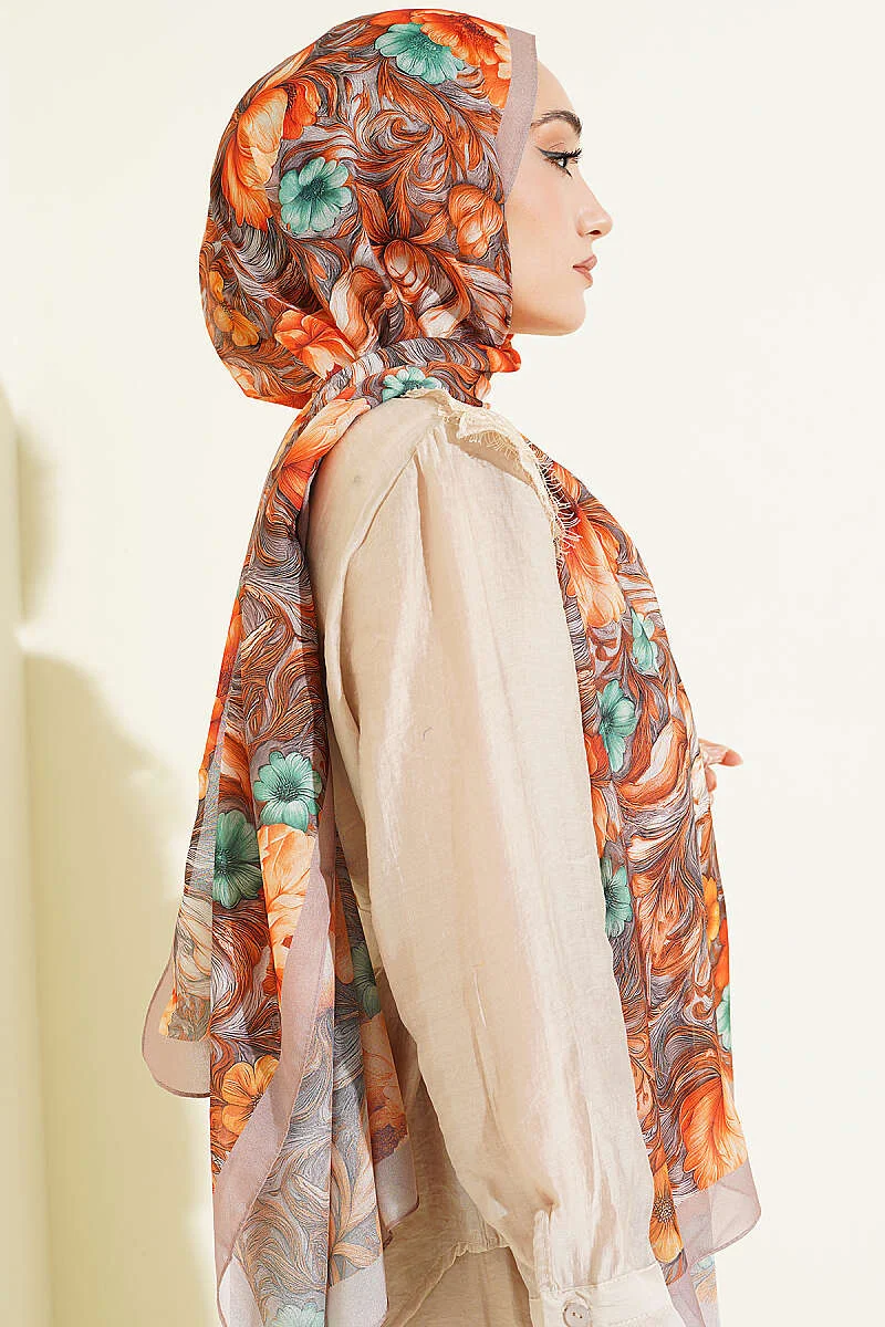 Floral Pattern French Silk Shawl Beige - Afbeelding 3