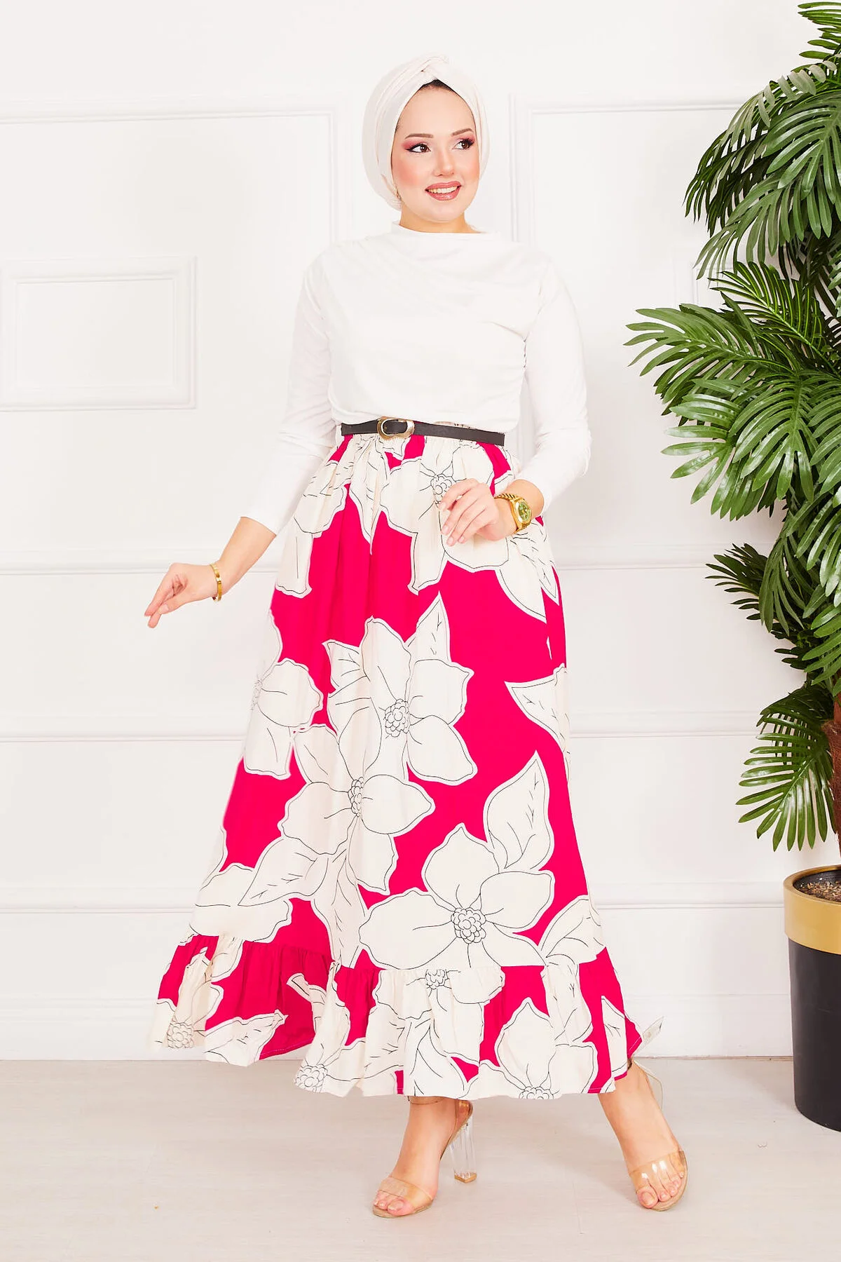 Flower Pattern Skirt Fuchsia