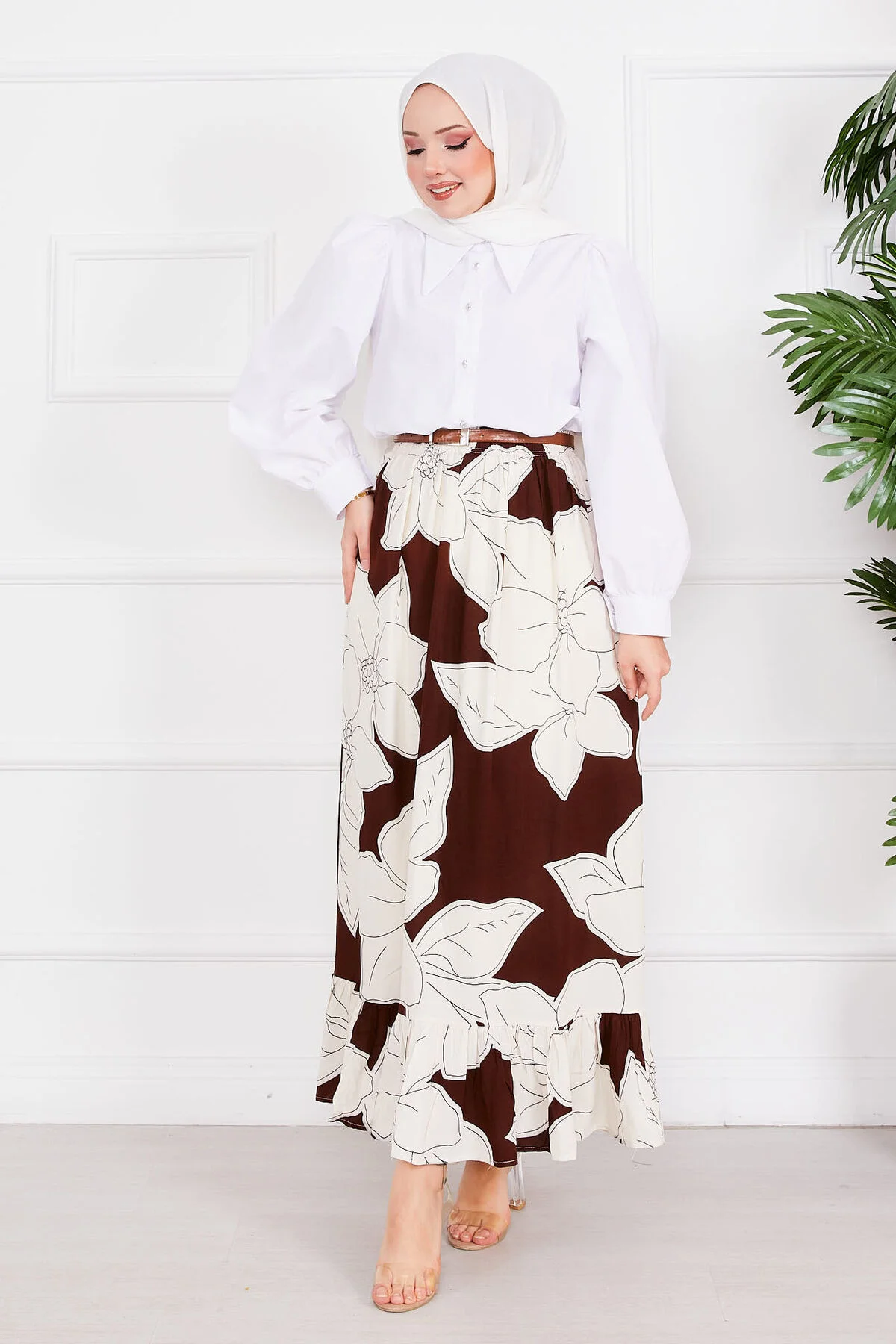 Flower Pattern Skirt Brown
