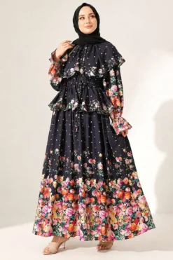 Floral Ruffle Detail Collar Dress Black