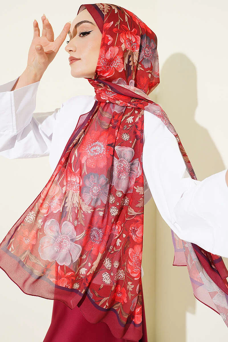 Floral Italian Chiffon Scarf Burgundy – Bild 2