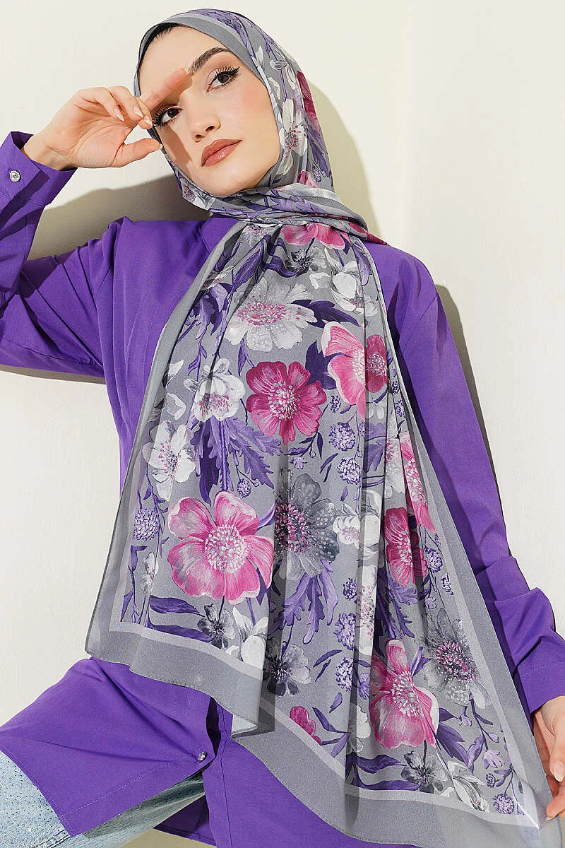 Floral Italian Chiffon Scarf Grey