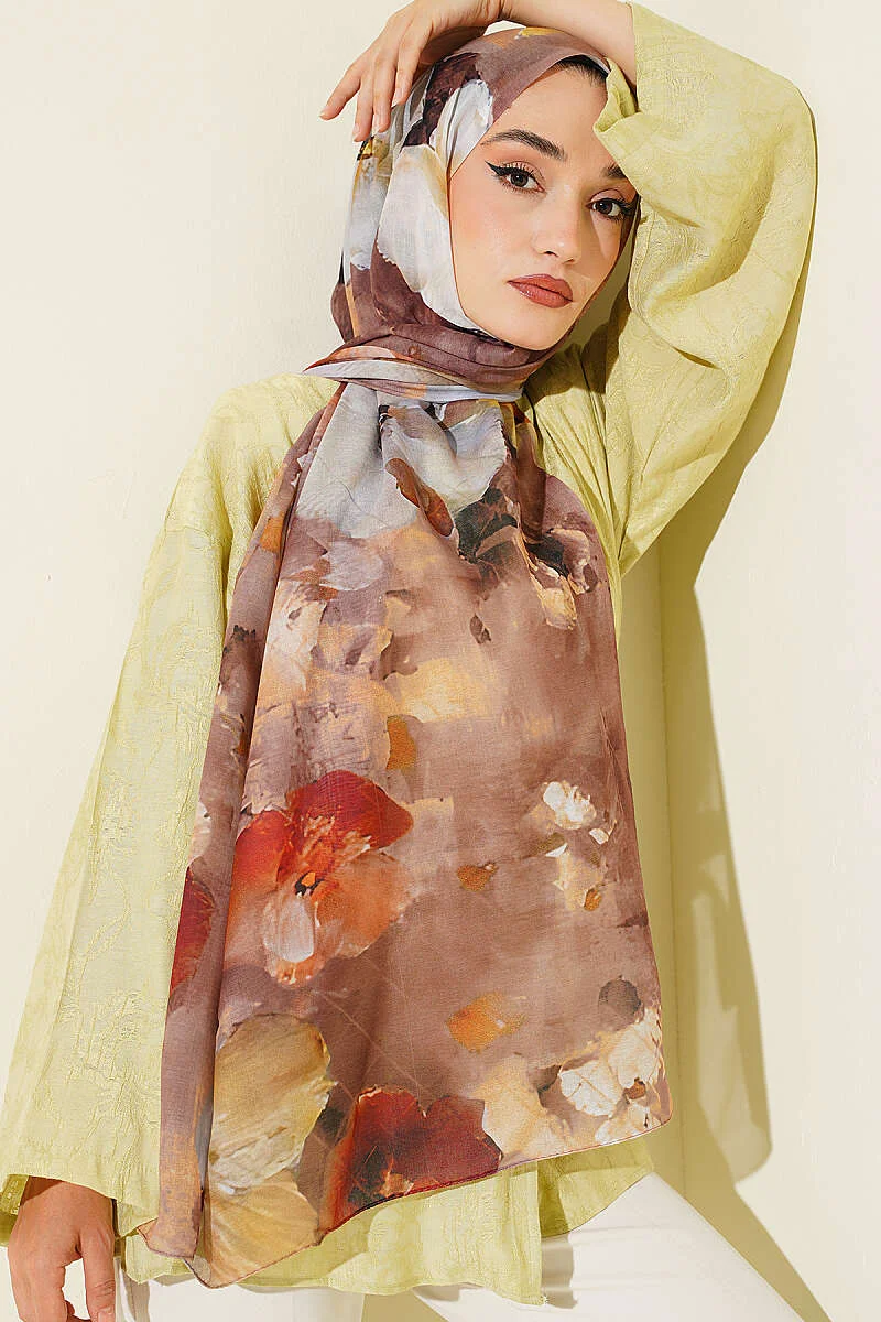 Floral Digital Print Scarf Brown – Image 2
