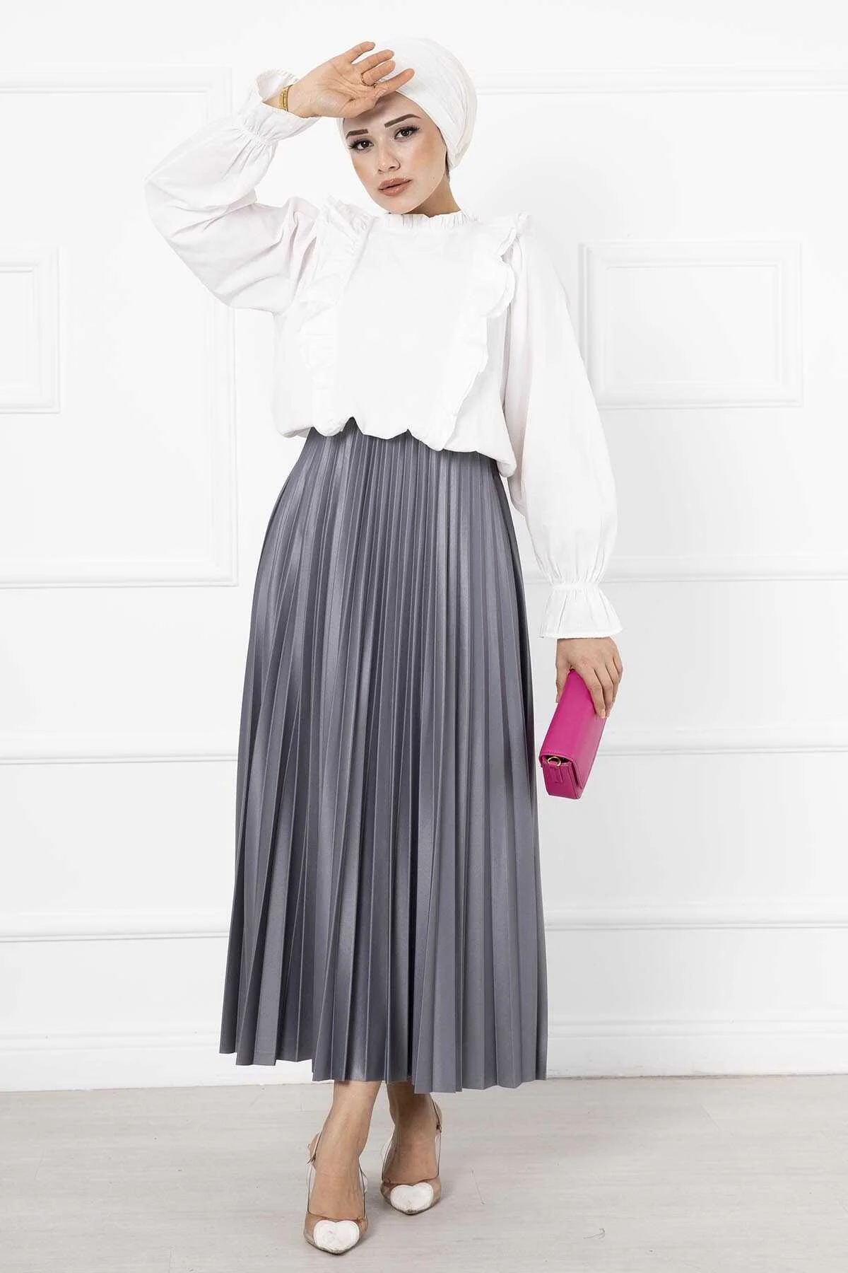 Thin Pleated Long Modest Skirt Grey