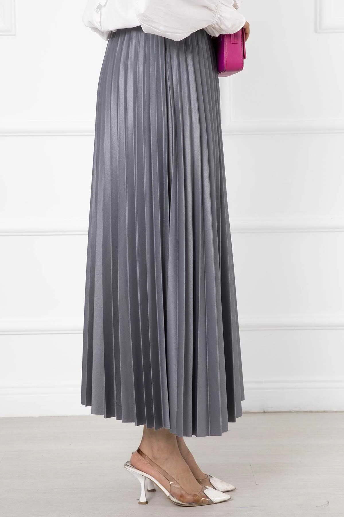 Thin Pleated Long Modest Skirt Grey – Bild 3