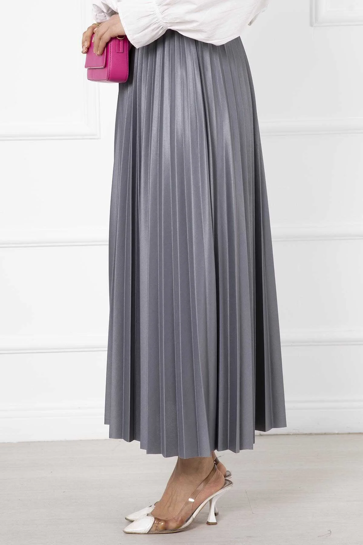Thin Pleated Long Modest Skirt Grey – Bild 4
