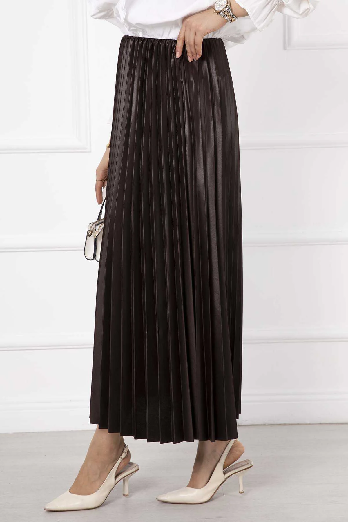 Thin Pleated Long Modest Skirt Brown - Image 4