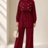 Pearl Flower Hidden Button Two-Piece Set Burgundy - Image 2