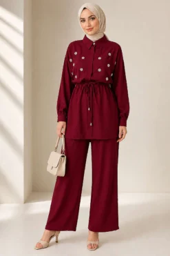 Alternative view of Pearl Flower Hidden Button Two-Piece Set Burgundy