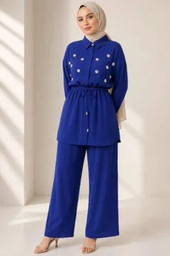 Alternative view of Pearl Flower Hidden Button Two-Piece Set Navy Blue