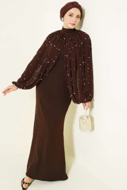 Pearl Cape Evening Dress Brown