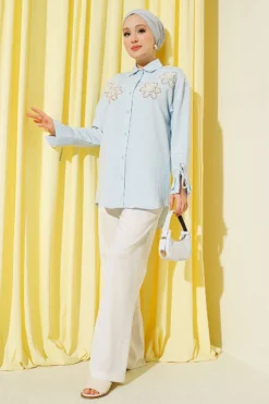 Alternative view of Pearl Flower Embroidered Modal Shirt Blue