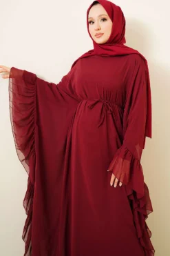 Alternative view of Ruffled Chiffon Dress with Belt Burgundy