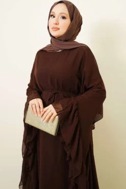 Alternative view of Ruffled Chiffon Dress with Belt Brown