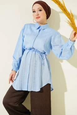 Textured Striped Shirt with Belt Blue
