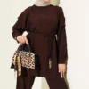 Belted Ruffled Shoulder Two-Piece Set Brown - immagine 2