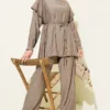 Belted Ruffled Shoulder Two-Piece Set Mink