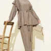 Belted Ruffled Shoulder Two-Piece Set Mink - immagine 2