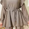 Belted Ruffled Shoulder Two-Piece Set Mink - immagine 4