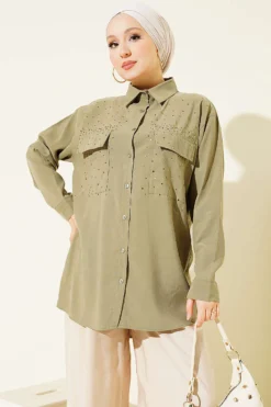 Double Pocket Stone-Embellished Tencel Shirt Khaki