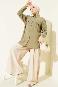 Alternatieve weergave van Double Pocket Stone-Embellished Tencel Shirt Khaki
