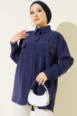 Double Pocket Stone-Embellished Tencel Shirt Navy Blue