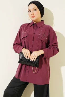 Double Pocket Stone-Embellished Tencel Shirt Plum