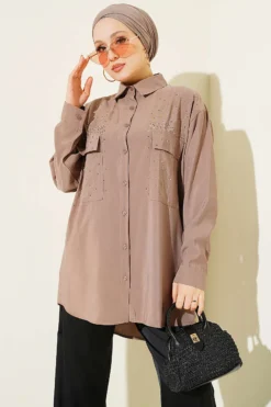 Double Pocket Stone-Embellished Tencel Shirt Mink