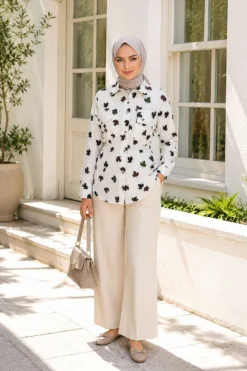 Alternative view of Leaf Print Shirt with Double Pockets Khaki