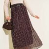 Thin Belted Polka Dot Chiffon Skirt Brown
