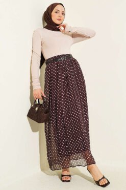 منظر بديل لـ Thin Belted Polka Dot Chiffon Skirt Brown
