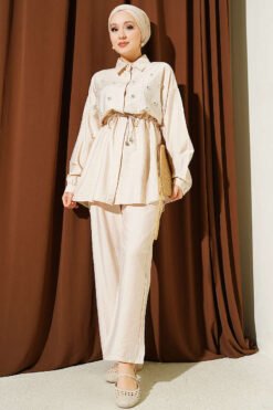 Pearl Flower Hidden Button Two-Piece Set Beige